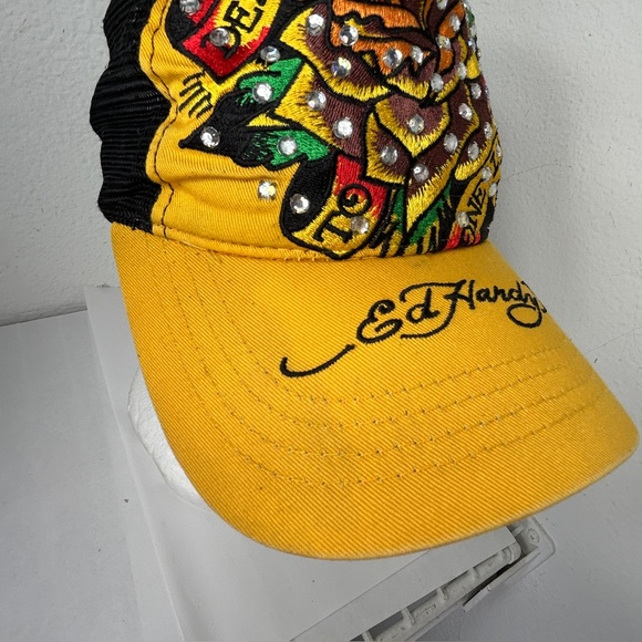 ED HARDY VTG HAT BASEBALL CAP YELLOW BLACK y2k 90s Christian Audigier Trucker - Picture 5 of 15